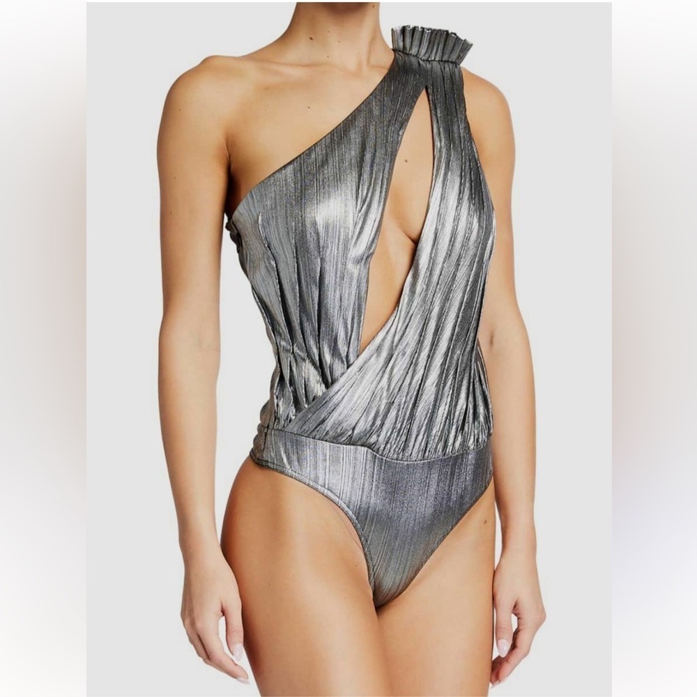 RETROFETE | $395 Metallic Silver Cassie Lame Plunge One Shoulder Bodysuit - S